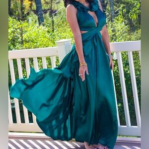 Green Satin Cutout Dress Ruffle Slit Midi Coquette Date Night